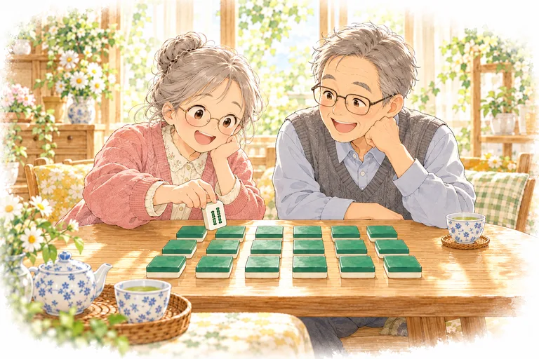 Grandparents sipping tea in the sunshine while they flip tiles